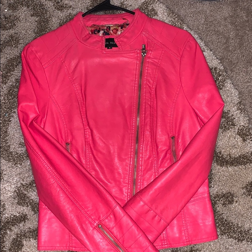 Hot pink leather jacket. A little worn to it.
